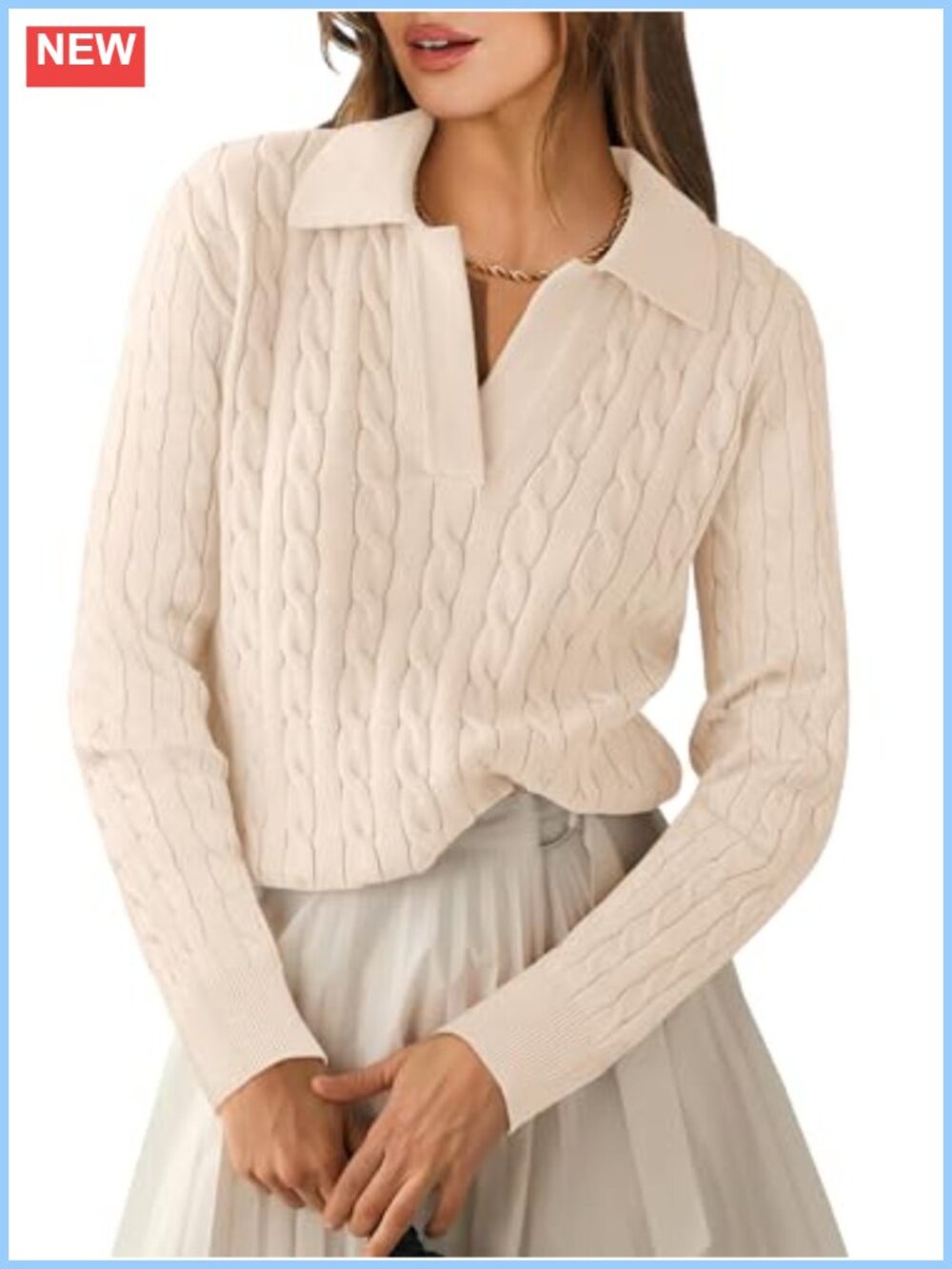 Women's Cable Knit Long Sleeve Polo V-Neck Sweater Jumper Pullover